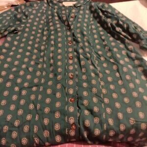 Maeve by Anthropology Women's Green Floral Blouse Roll Tab Sleeve S 100% Modal